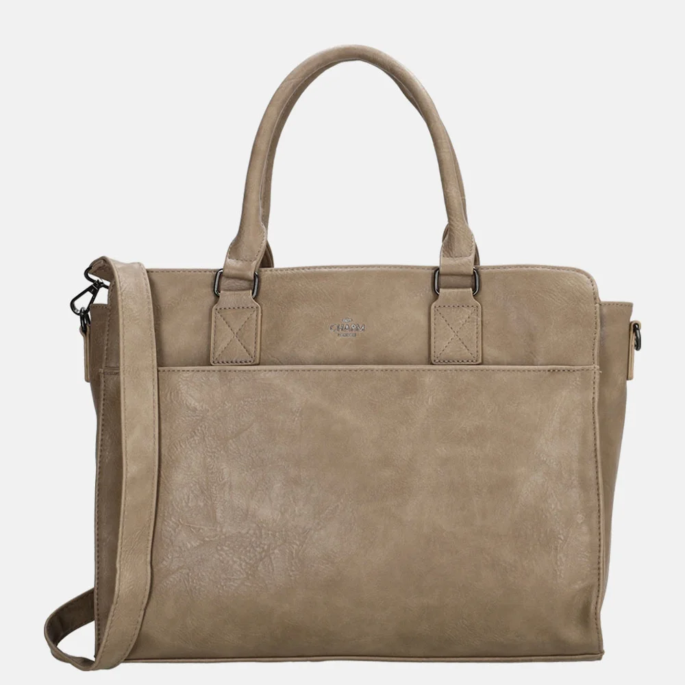 Charm London handtas 15.4 inch donkertaupe bij Duifhuizen